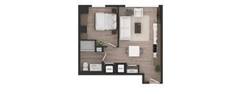 a floor plan of a studio apartment with a bedroom and a living room