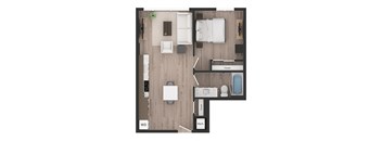 a floor plan of a studio apartment with a bedroom and a living room