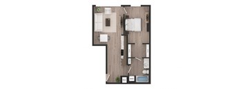 a floor plan of a studio apartment with a bedroom and a living room