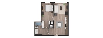 a floor plan of a studio apartment with a bedroom and a living room