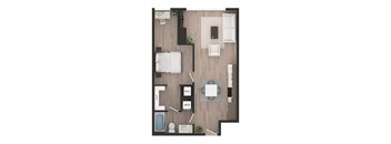 a floor plan of a studio apartment with a bedroom and a living room