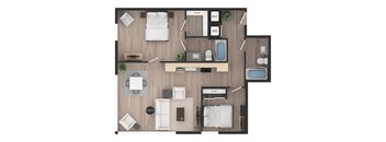 a 3d floor plan of a bedroom with a bathroom and a living room