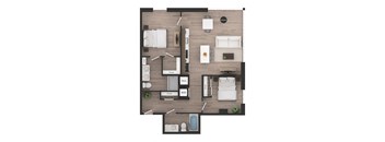 a floor plan of a bedroom apartment with a wood floor