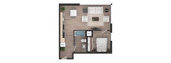 a floor plan of a studio apartment with a bedroom and a living room