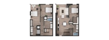 two layouts of a floor plan with a bedroom and a living room