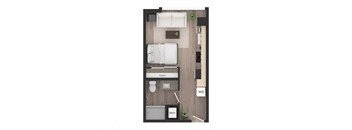 a floor plan of a studio apartment with a bedroom and a living room