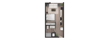 a floor plan of a studio apartment with a bedroom and a living room