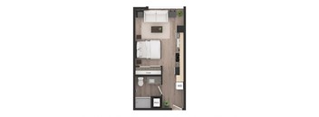 a floor plan of a studio apartment with a bedroom and a living room