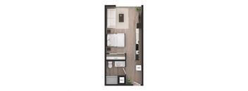a floor plan of a studio apartment with a bedroom and a living room