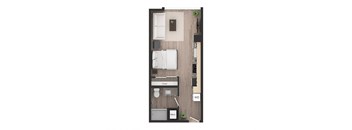 a floor plan of a studio apartment with a bedroom and a living room