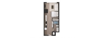 a floor plan of a studio apartment with a bedroom and a living room