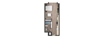 a floor plan of a studio apartment with a bedroom and a bathroom