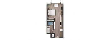 a floor plan of a studio apartment with a bedroom and a bathroom