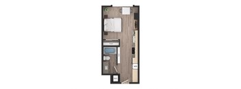 a floor plan of a studio apartment with a bedroom and a bathroom