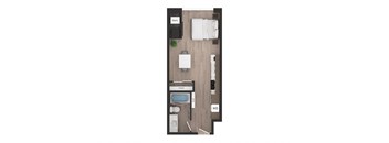 a floor plan of a studio apartment with a bedroom and a living room