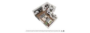 A 3D floor plan of a small apartment with a kitchen, living room, and bedroom.