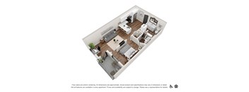 A 3D floor plan of a modern apartment with a kitchen, living room, and bedrooms.