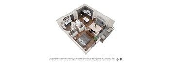 A 3D floor plan of a small apartment with a kitchen, living room, and bedroom.