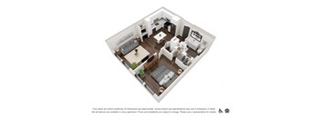 A 3D floor plan of a small apartment with a kitchen, living room, and bathroom.