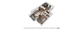 A 3D floor plan of a small apartment with a kitchen, living room, and bedroom.