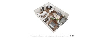 A 3D floor plan of a house with a kitchen, living room, bedrooms and bathrooms.