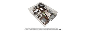A 3D floor plan of a house with a kitchen, living room, and bedrooms.