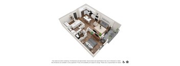 A 3D floor plan of a house with a kitchen, living room, bedrooms, and bathrooms.