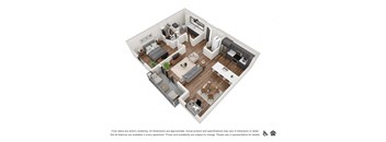 A 3D floor plan of a small apartment with a kitchen, living room, and bedroom.