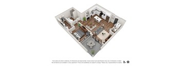 A 3D floor plan of a house with a kitchen, living room, dining room, and bedrooms.
