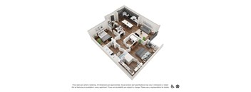 A 3D rendering of a floor plan for an apartment complex.