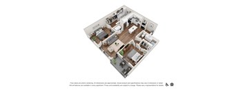 A 3D floor plan of a house with a kitchen, living room, bedrooms and bathrooms.