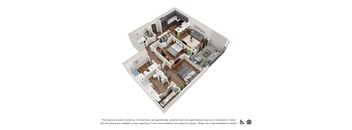 A 3D rendering of a floor plan for an apartment.