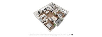 A 3D rendering of a floor plan for an apartment.