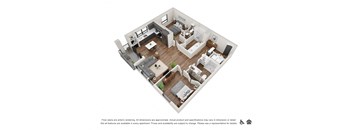 A 3D floor plan of a house with a kitchen, living room, bedrooms, and bathrooms.