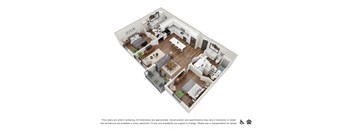 A 3D floor plan of a house with a kitchen, living room, bedrooms and bathrooms.