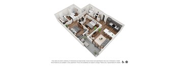 A 3D floor plan of a multi-bedroom apartment.