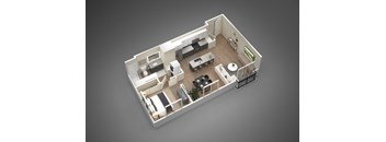 A 3D rendered image of a modern apartment layout.