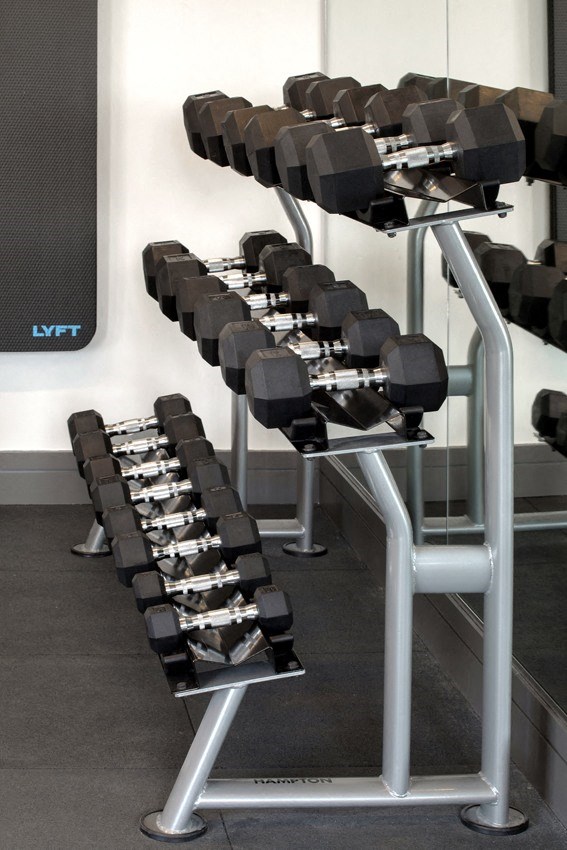 a row of weights machines in a gym