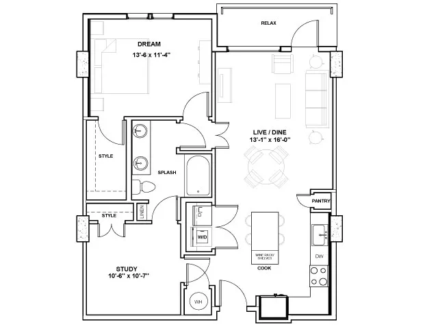 A floor plan of a house with labeled rooms such as DREAM, STYLE, SPLASH, STUDY, RELAX, LIVE/DINE, PANTRY, and COOK.