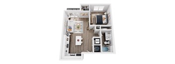 a stylized floor plan with a bedroom and living room