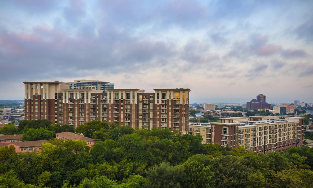 A large building with a green tree in front of it.