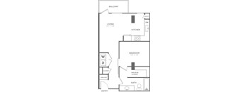 A floor plan of a small apartment with a living room, kitchen, bedroom, and bathroom.