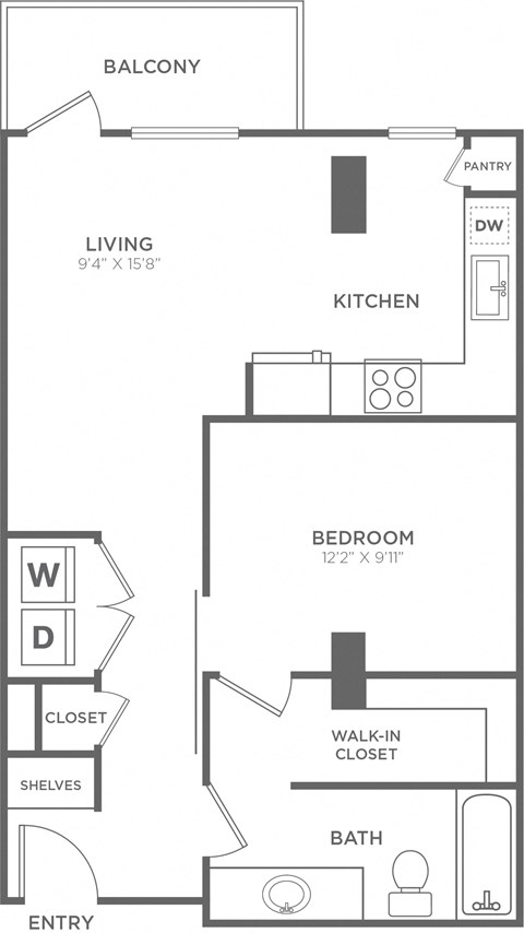 A floor plan of a small apartment with a living room, kitchen, bedroom, and bathroom.