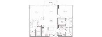 A black and white image of a floor plan for a home with a balcony, two bedrooms, a living room, a dining room, a kitchen, a pantry, two bathrooms, and a walk-in closet.