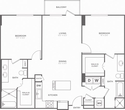 A black and white image of a floor plan for a home with a balcony, two bedrooms, a living room, a dining room, a kitchen, a pantry, two bathrooms, and a walk-in closet.