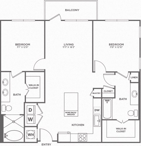 A black and white image of a house floor plan with a balcony, two bedrooms, a living room, a kitchen, two bathrooms, and an entry.