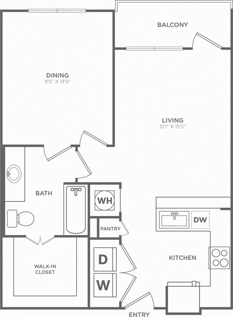 A black and white image of a floor plan for a home with a dining room, living room, bathroom, kitchen, and pantry.