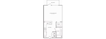 A black and white floor plan of a home with a living room, kitchen, bathroom, and pantry.