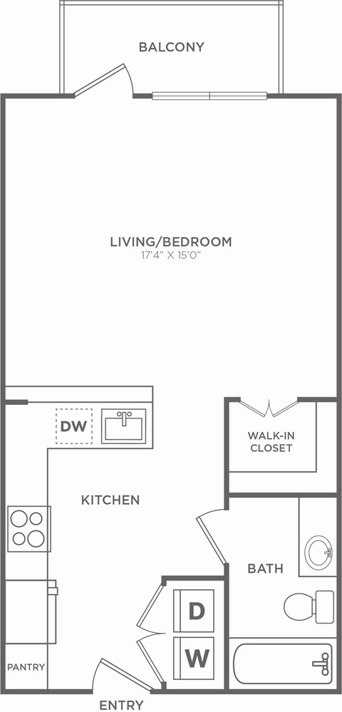 A black and white floor plan of a home with a living room, kitchen, bathroom, and pantry.
