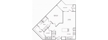 A floor plan of a home with a bedroom, bathroom, laundry, and kitchen.